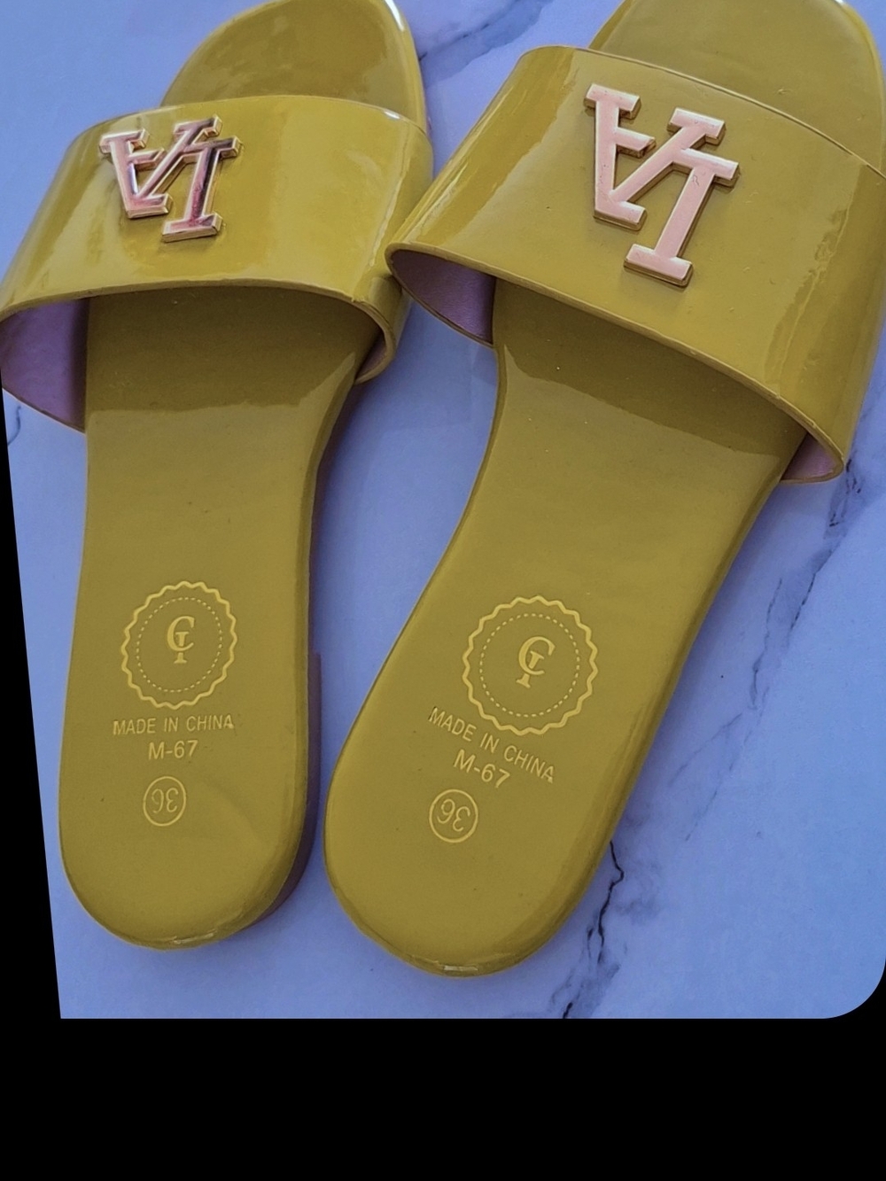 Chartreuse Gloss Slide Sandals with Gold Emblem - Women